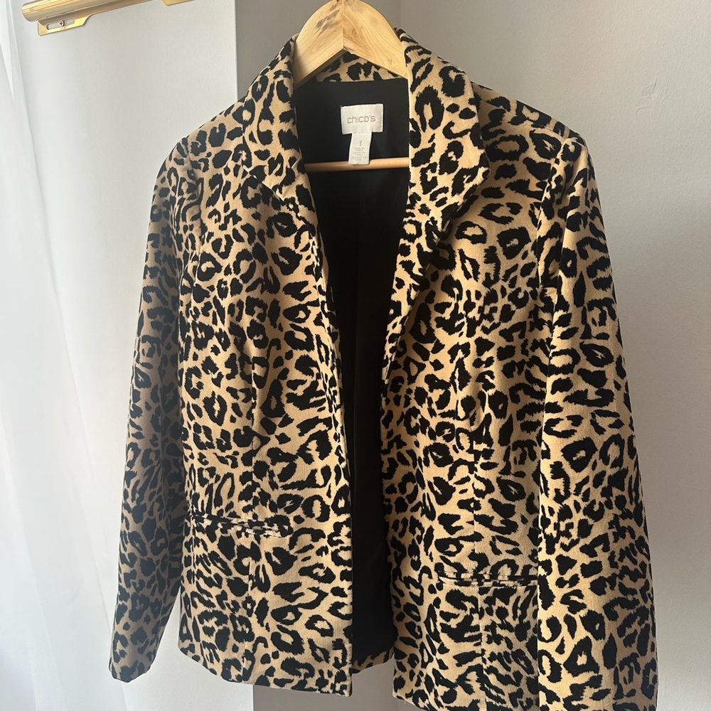 90s Pop Collar Leopard Print Open Blazer Velvet Jacket SATC Tan/Black Small